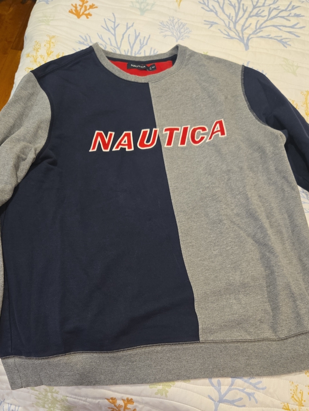 Nautica Men’s Navy and Gray Split-Panel Crewneck Sweatshirt with Red Logo